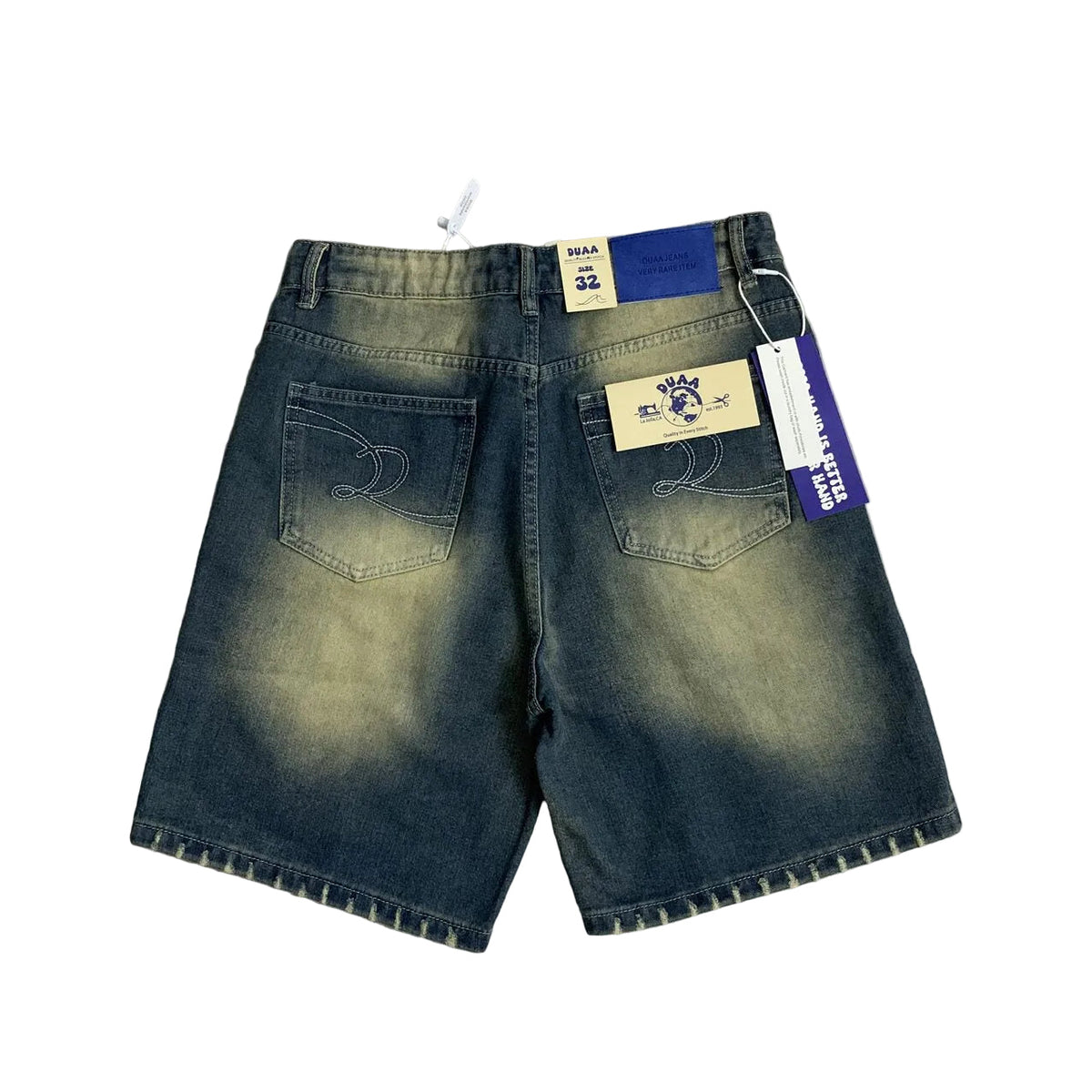 Duaa Vintage Gradient Washed Colorful Letter Patch Denim Shorts