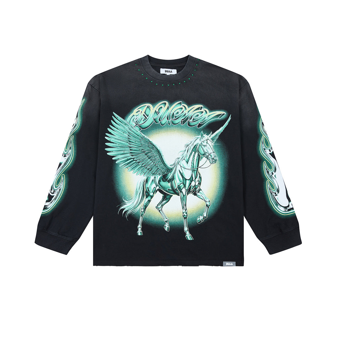 DUAA WINGED UNICORN STUDDED VINTAGE WASH LONG SLEEVE T‑SHIRT